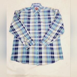 Larro Men's Western Cowboy Button Up Long Sleeve Blue Plaid Cotton Shirt XL